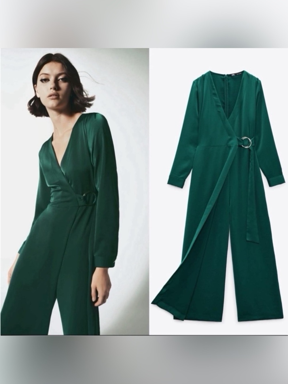 ZARA Emerald Green Satin Long Sleeve Wrap Wide Leg Pant One Piece Jumpsuit S